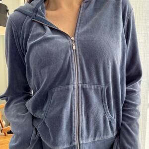 Y2K Style Moda International Blue Velour Zip Up Hoodie Pockets Size Large